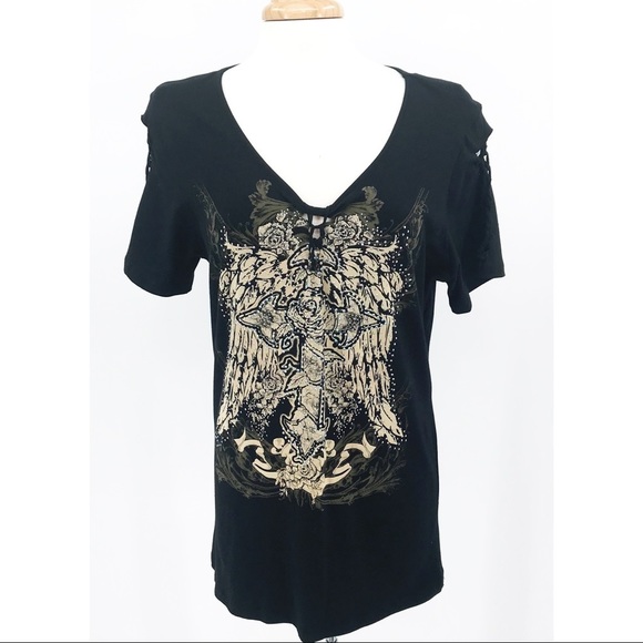 Black rhinestone like beading embellished tee with webbing accents throughout - Picture 1 of 9